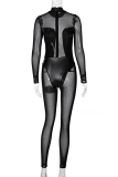 Black Sexy Patchwork Mesh Half A Turtleneck Skinny Jumpsuits