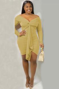 Khaki Polyester Fashion adult Sexy Off The Shoulder Long Sleeves One word collar Asymmetrical Mini Patchwo