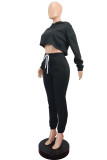 Black Casual Polyester Solid Split Joint Hooded Collar Long Sleeve Regular Sleeve Short Two Pieces