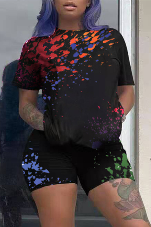 Black Fashion Casual Print Basic O Neck Short Sleeve Two Pieces
