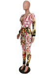 Colour Sexy Print V Neck Skinny Jumpsuits