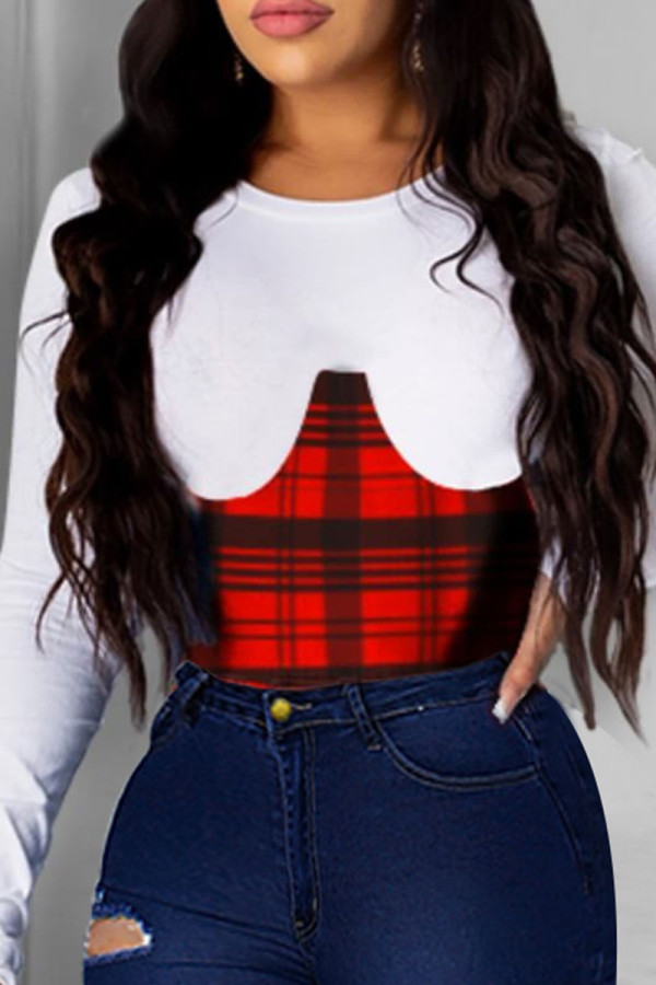Red Casual Plaid Patchwork O Neck Tops