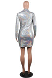 Silver Sexy Fashion Cap Sleeve Long Sleeves O neck Step Skirt Mini Sequin Patchwork hollow out