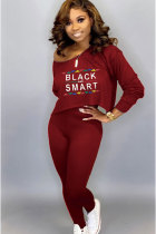 Wine Red Lightly cooked Fashion adult Solid Two Piece Suits Print Letter pencil Long Sleeve