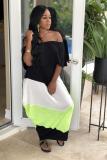 White and green Fashion Casual Off The Shoulder Half Sleeves One word collar Step Skirt Ankle-Length asymm
