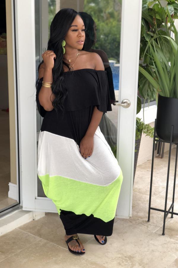 White and green Fashion Casual Off The Shoulder Half Sleeves One word collar Step Skirt Ankle-Length asymm