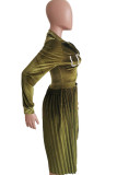 Army Green Polyester Sexy Cap Sleeve Long Sleeves Turndown Collar pleated Knee-Length Character Solid Long Sle