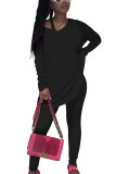Black Fashion Casual Adult Polyester Solid Split Joint O Neck Long Sleeve Regular Sleeve Regular Two Pieces