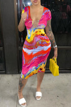 Multi-color Sexy Casual Print Slit V Neck Short Sleeve Dress