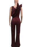 Wine Red Drawstring Sleeveless High Solid ruffle Straight Pants Jumpsuits & Rompers