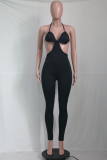 Pink Sexy Solid Hollowed Out Halter Skinny Jumpsuits