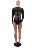 Red Sexy Solid Pearl O Neck Skinny Bodysuits