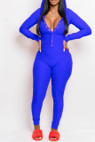 Blue Casual Living Solid Basic Hooded Collar Skinny Jumpsuits