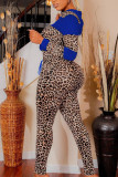 Royal Blue Sexy Leopard Patchwork Hooded Collar Long Sleeve Two Pieces