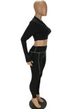 Black Fashion Casual Adult Polyester Solid Split Joint O Neck Long Sleeve Regular Sleeve Short Two Pieces