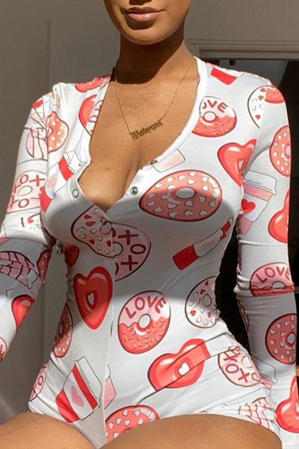 White Casual Living Print Basic V Neck Skinny Romper