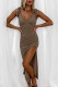 Khaki Sexy Solid Tassel Frenulum Asymmetrical Spaghetti Strap Sleeveless Dress Dresses