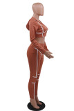 Coffee Sexy Twilled Satin Solid Hooded Collar Long Sleeve Regular Sleeve Short Two Pieces