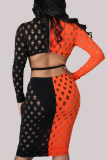 Red Sexy Color Block Hollowed Out O Neck Pencil Skirt Dresses