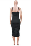 Black Sexy Solid Hollowed Out Backless Spaghetti Strap Sleeveless Dress