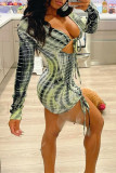 Light Green Fashion Sexy Print Strap Design V Neck Long Sleeve Dresses