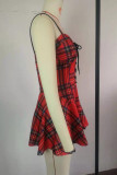 Red Fashion Sexy Plus Size Plaid Print Backless Strap Design Sling Dress