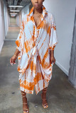 Orange Fashion Casual Print Tie-dye Turndown Collar Printed Dress Dresses