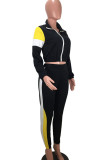 Black Polyester Active Casual Europe and America Patchwork Solid contrast color pencil Long Sleeve Two Pieces