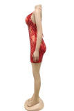Red Fashion Sexy Patchwork Sequins Backless V Neck Sling Dress