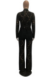Black Polyester Elastic Fly Long Sleeve Mid lace Patchwork Straight Pants Two-piece suit
