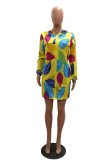 Yellow Elegant Print Hooded Collar Outerwear