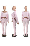 Pink Casual Solid Draw String Fold O Neck Long Sleeve Two Pieces