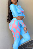 Sky Blue Casual Print Patchwork O Neck Two Pieces