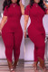 Burgundy Fashion Casual Solid Slit Beading Turtleneck Short Sleeve Two Pieces