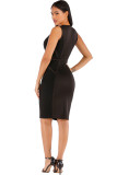 Black Polyester Sexy Cap Sleeve Short Sleeves V Neck Step Skirt Knee-Length Solid