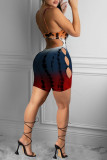 Red Fashion Sexy Print Hollowed Out Backless Spaghetti Strap Skinny Romper
