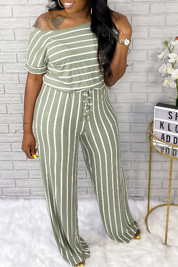 Light Green Fashion Casual Print Striped Patchwork bandage Polyester Short Sleeve O Neck Jumpsuits