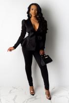 Black Polyester Celebrities Fashion adult Stringy selvedge Patchwork Two Piece Suits ruffle Solid pencil L