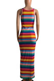 Pink Polyester Sexy Fashion Spaghetti Strap Sleeveless Slip Pencil Dress Ankle-Length Striped Patchwork P