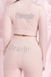 Pink Casual Hot Drilling Letter Zipper Collar Long Sleeve Two Pieces