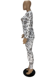 White Casual Leopard Patchwork Draw String O Neck Long Sleeve Two Pieces