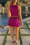 Coffee Sexy Leopard Hollowed Out Frenulum U Neck Sleeveless Two Pieces
