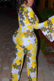 Yellow Sexy Print Without Belt V Neck Jumpsuits