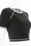 Black Casual Solid Patchwork O Neck Tops