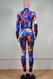 Blue Sexy Print Split Joint Zipper Collar Long Sleeve Two Pieces