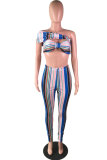 Blue Sexy Fashion Print Patchwork Striped Straight Two-piece Pants Set