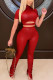 Red Solid Fold O Neck Long Sleeve Two Pieces