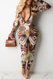 Apricot Sexy Print Patchwork V Neck Long Sleeve Two Pieces