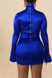 Blue Sexy Long Sleeves Turndown Collar Step Skirt Mini Solid Draped chain Dresses