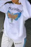 White Fashion Casual Letter Butterfly Print Basic O Neck Tops